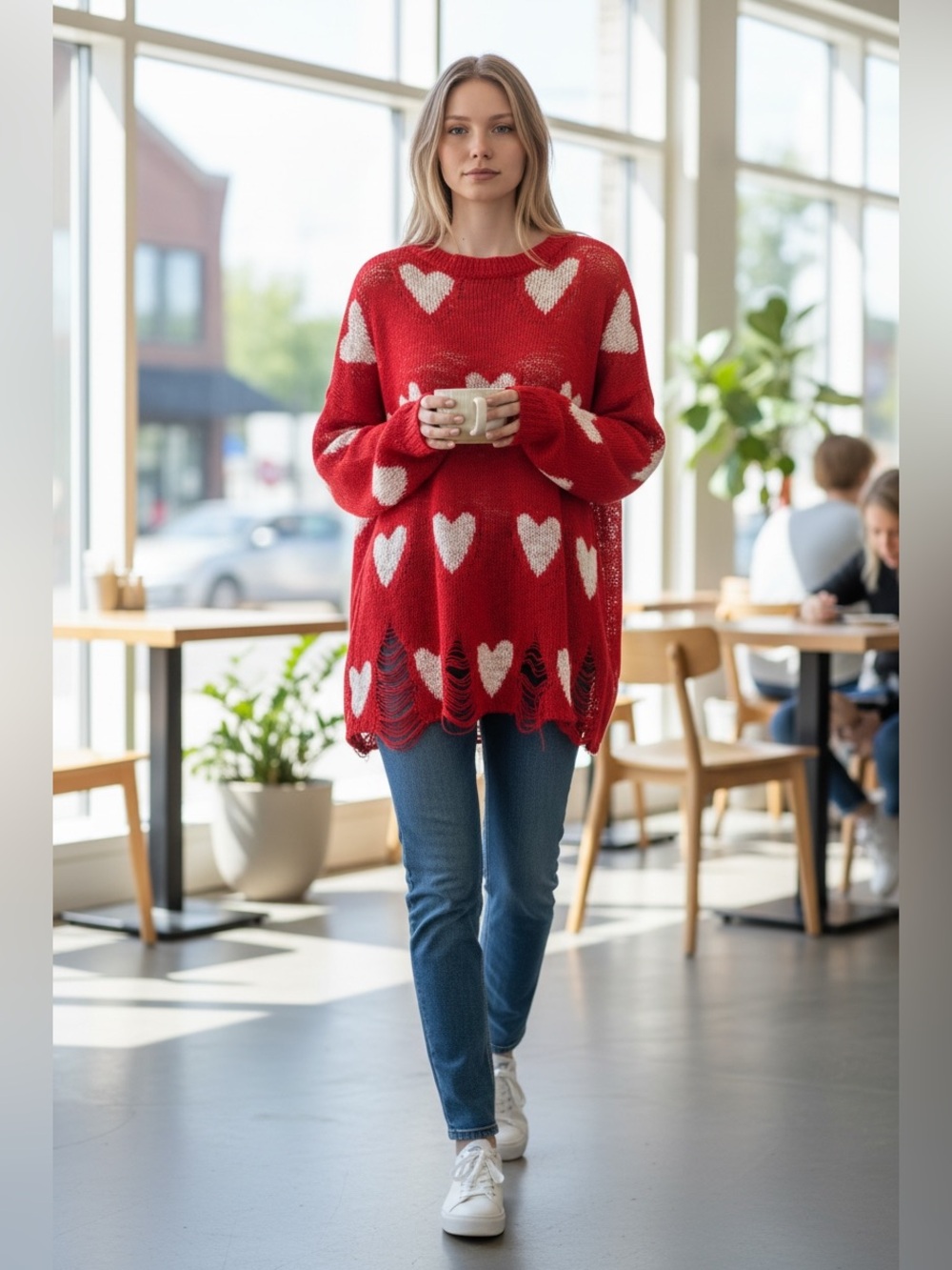 BiBi Red Heart-Print Crewneck Sweater